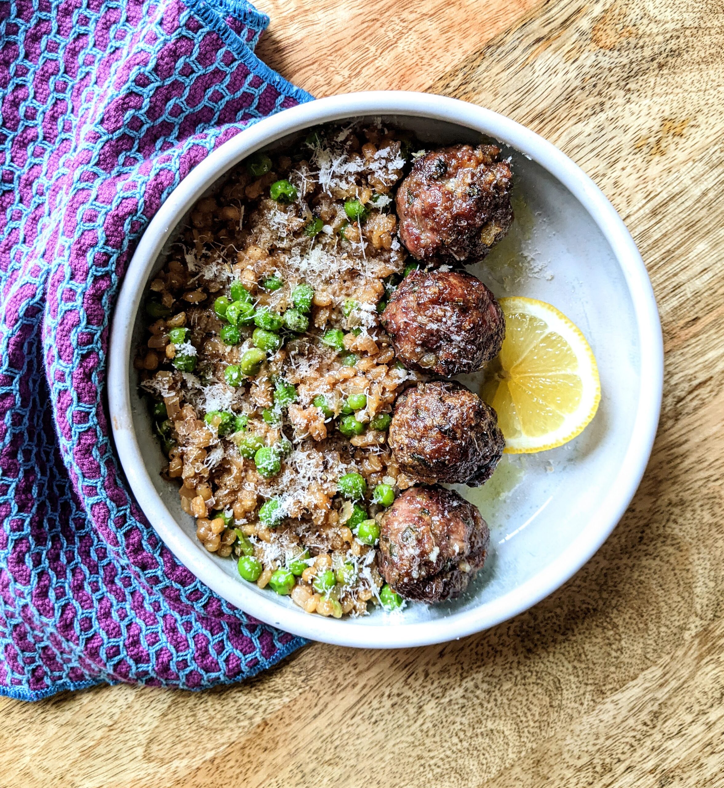 Baked Meatballs with Fresh Herbs and Barley and Pea Risotto