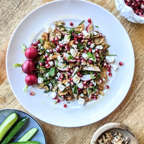 Mixed Herb and Pita Chip Salad with Radishes and Pomegranate