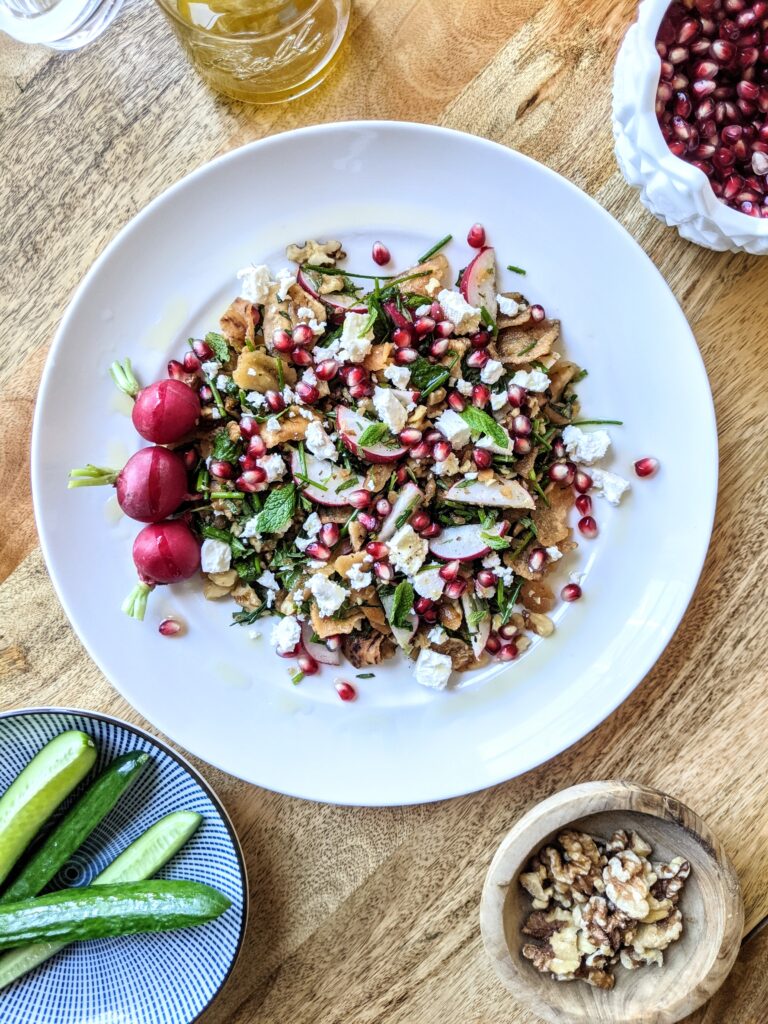 Mixed Herb and Pita Chip Salad with Radishes and Pomegranate