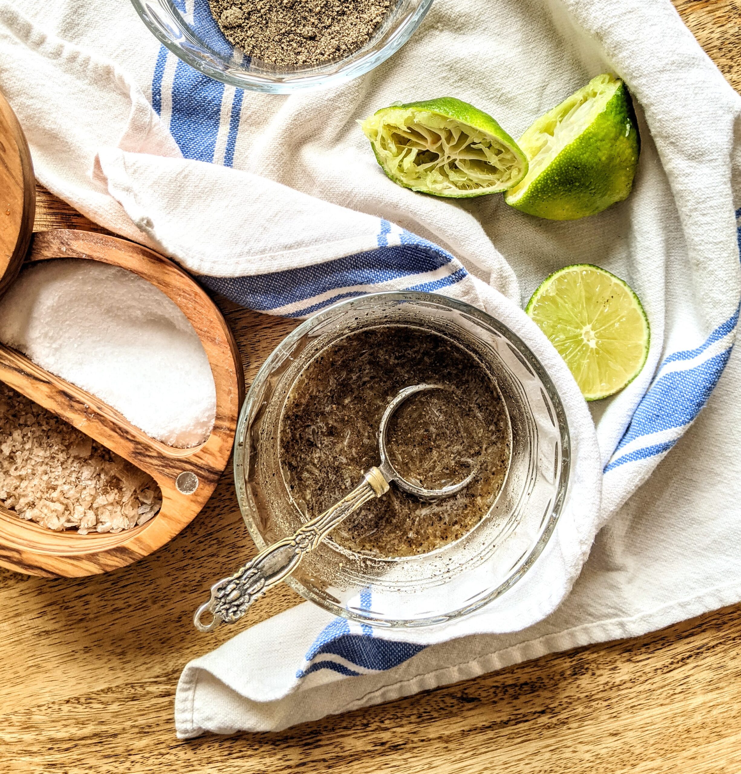 A small bowl of fresh lime juice, salt, and freshly toasted and ground pepper, just waiting to be spooned over your rice or used as a dipping sauce.