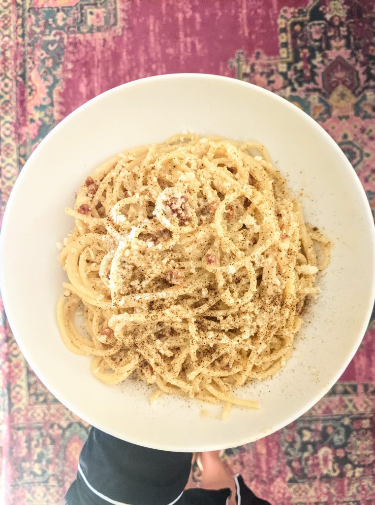 A big bowl of spaghetti alla carbonara.