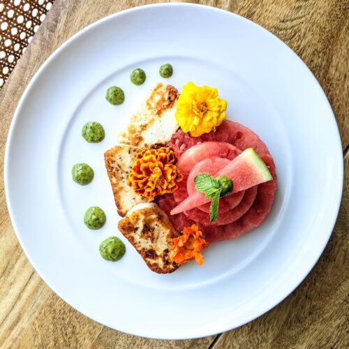 Vibrant Watermelon and Halloumi Salad with Mint and Cilantro Pesto