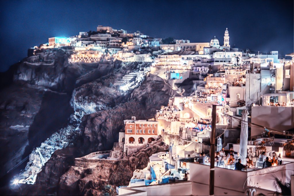 View of the Caldera at night from our hotel balcony in Fira, Santorini.