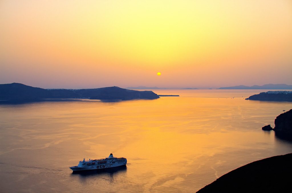 Sunset from our hotel balcony in Fira, Santorini.