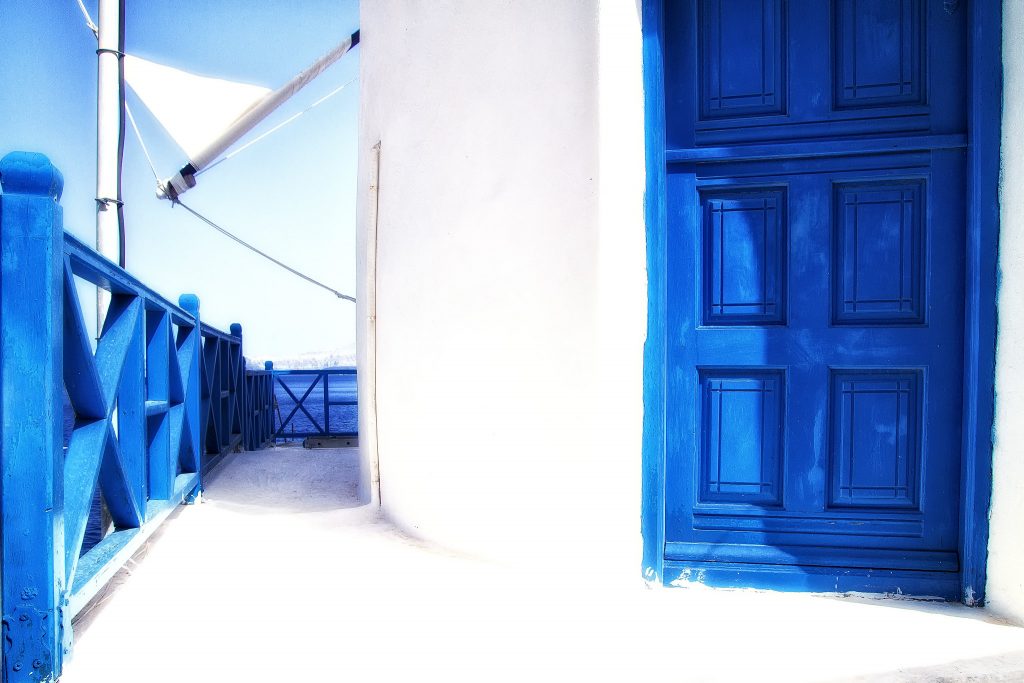 Santorini's famous blue and white buildings.