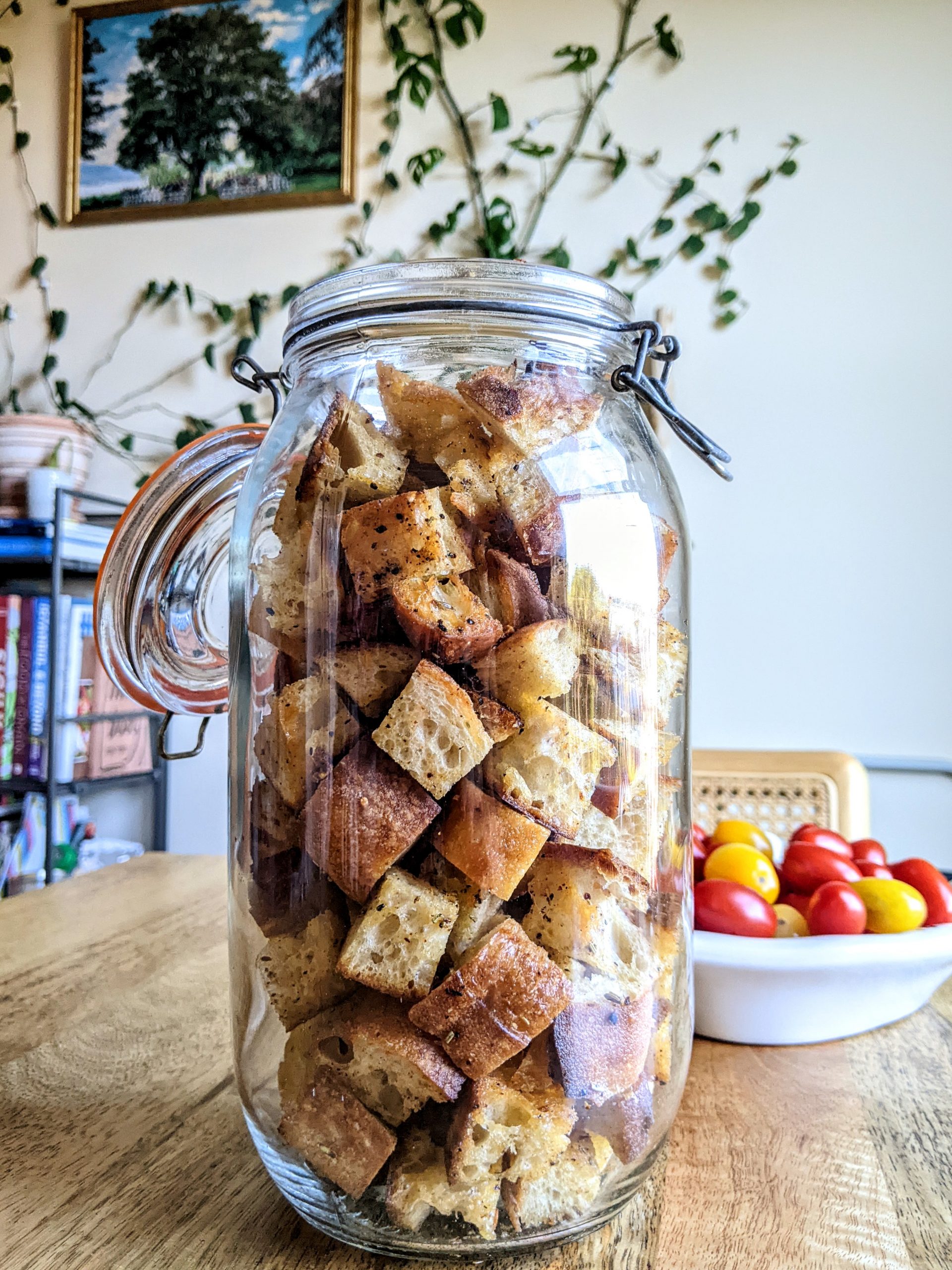 A cookie jar of croutons