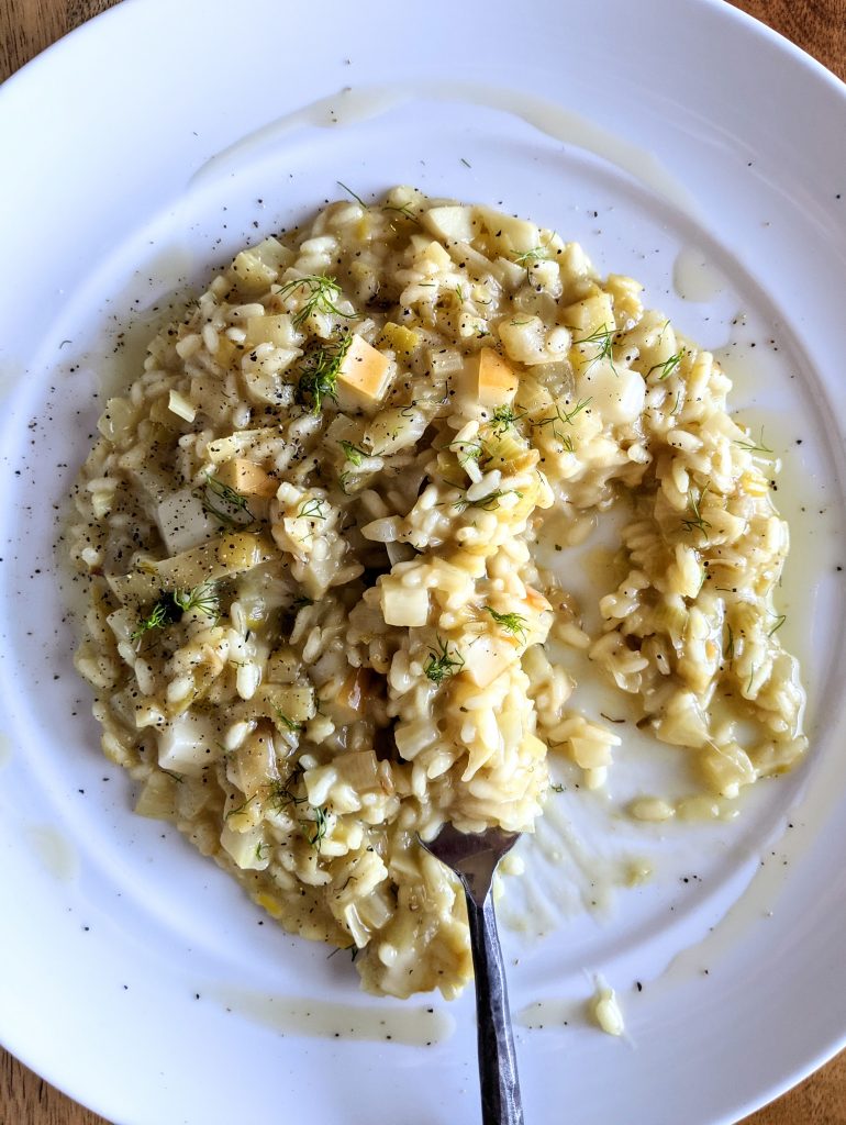A forkful of Fennel and Leek Risotto with Smoked Mozzarella