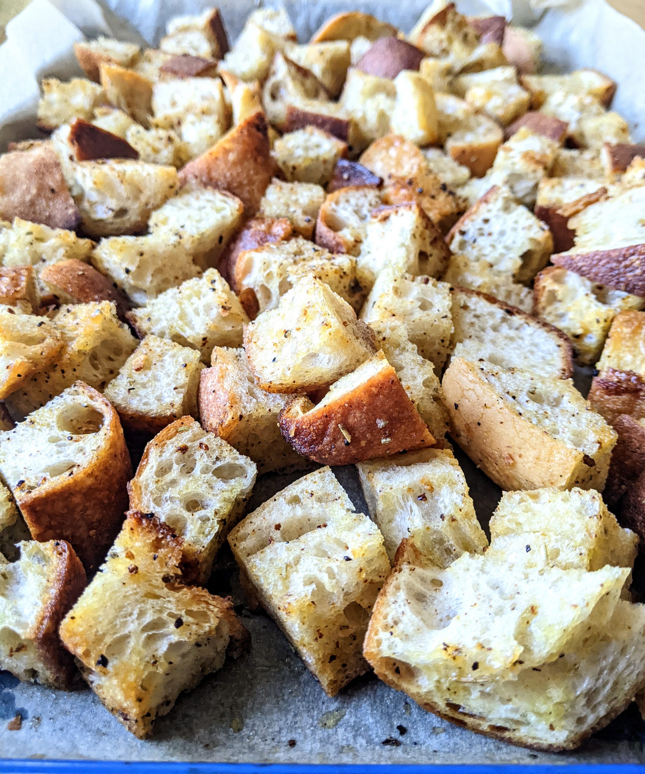 Close-up of a baking sheet of croutons