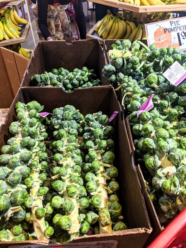 Boxes of Brussels Sprouts on the stalk at a Trader Joe's in San Francisco.