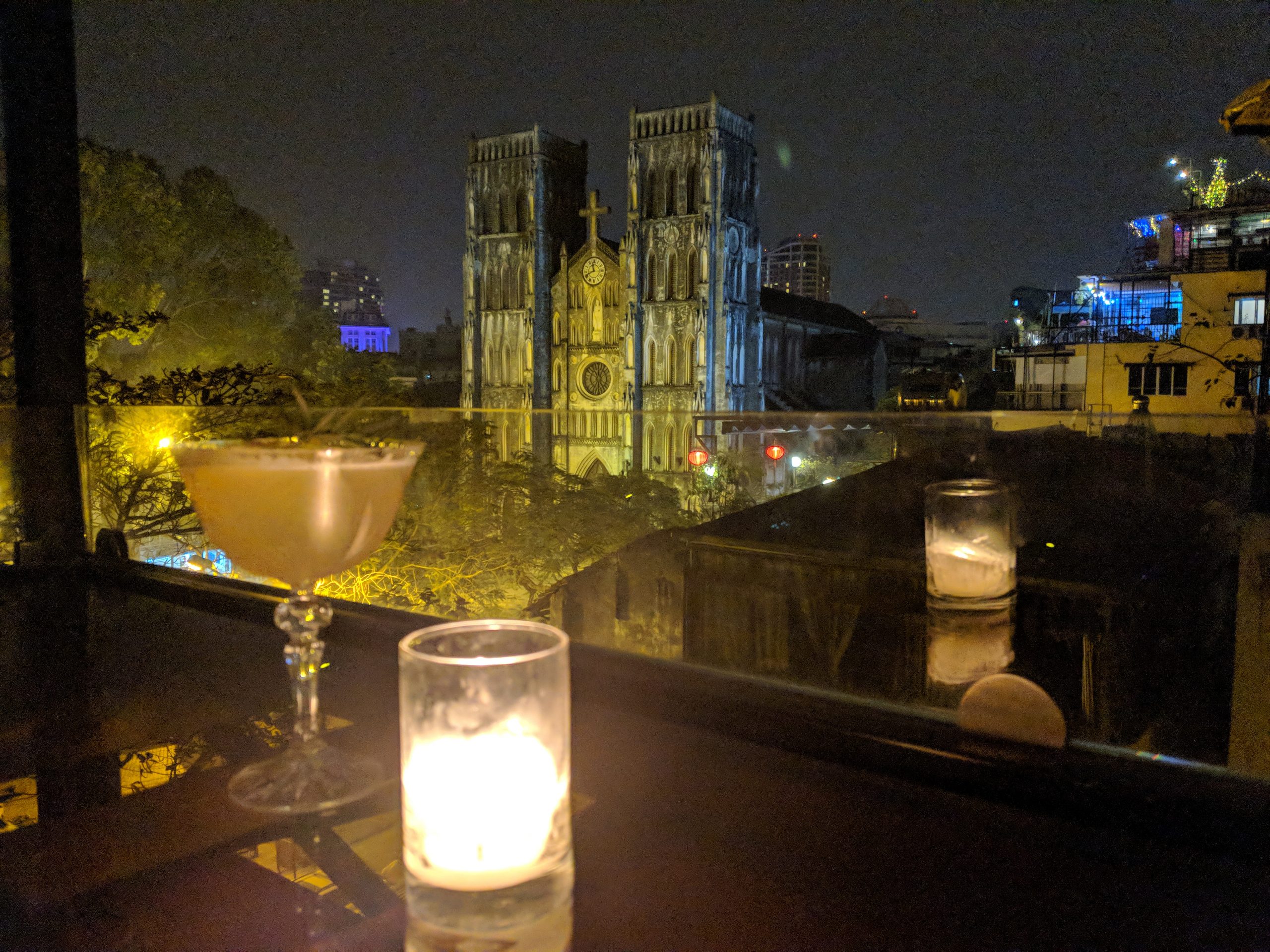 A view of Joseph's Cathedral from The Mad Botonist Gin Bar in Hanoi, Vietnam.