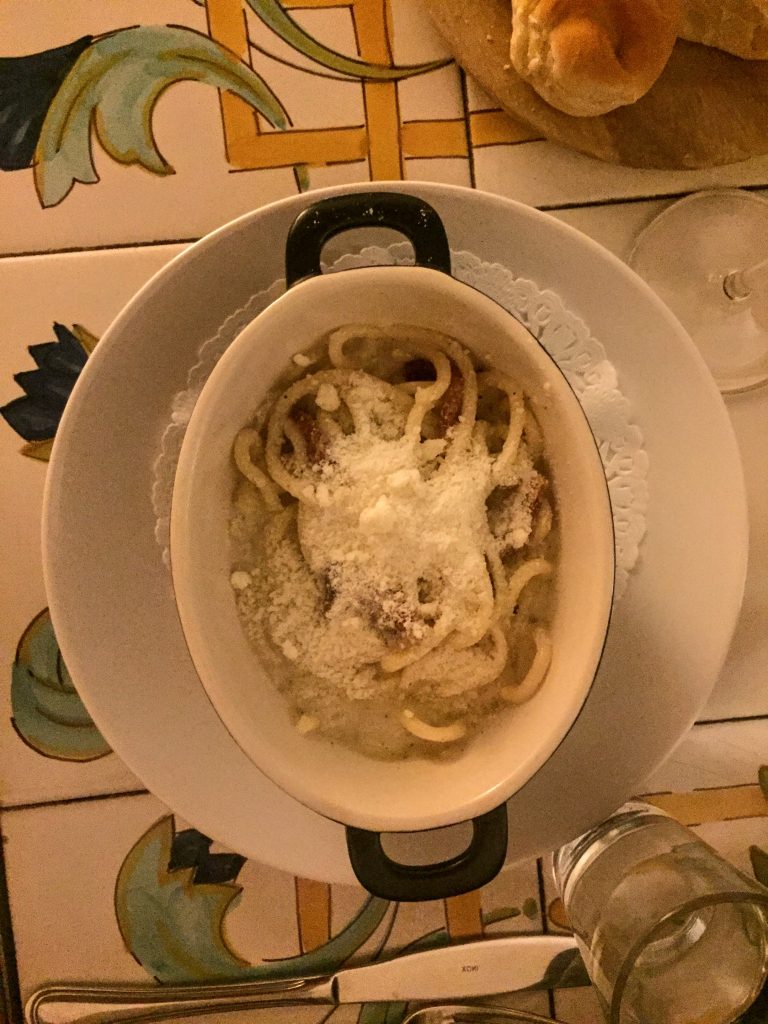 A bowl of spaghetti alla carbonara in Rome, Italy.