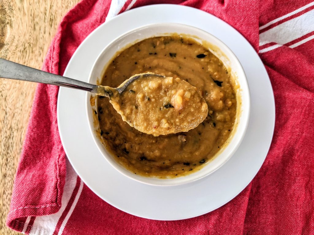 A spoonful of Habitant Split Pea Soup.