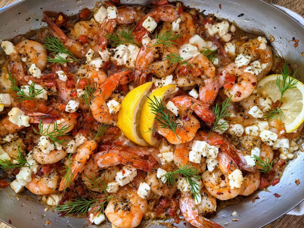A closeup of Mediterranean Shrimp with Feta; fresh out of the oven!