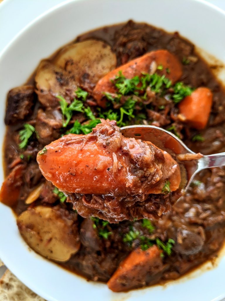 A spoonful of rich French-style beef stew.