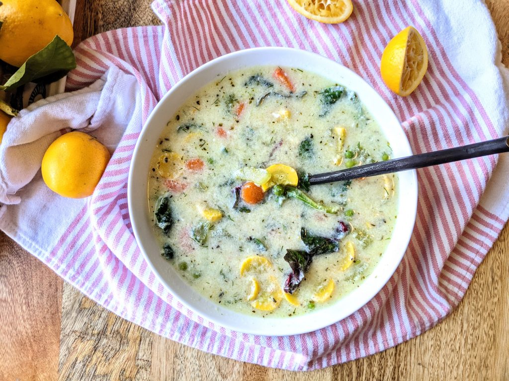 A bowl of Garden Vegetable Soup with Lemon.