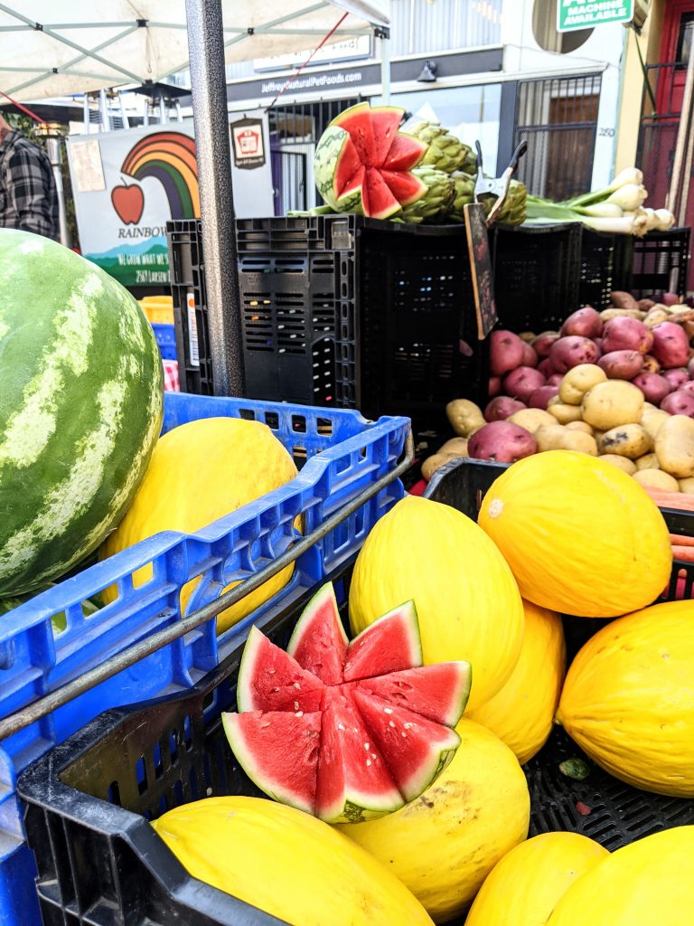 Fresh watermelon carved out at the Fort Mason Farmers Market in San Francisco.