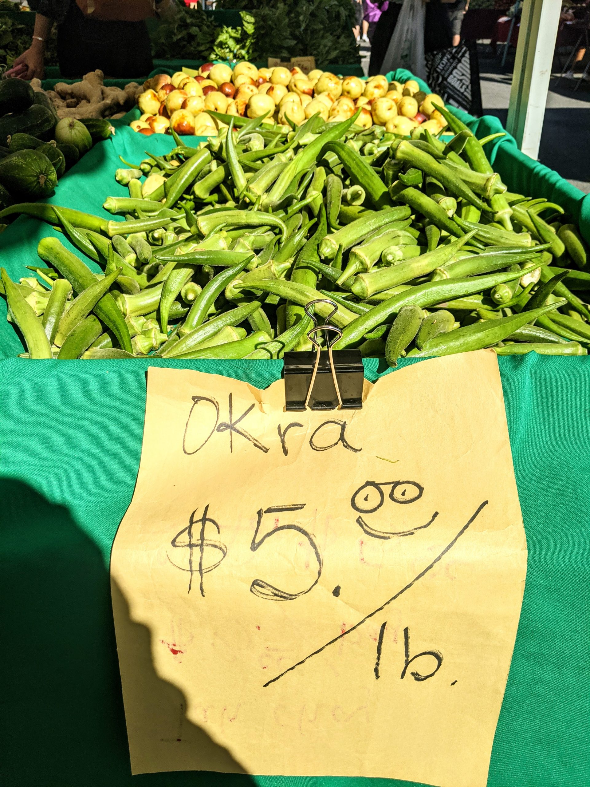 A bin of okra at the Fort Mason Farmers Market in San Francisco.