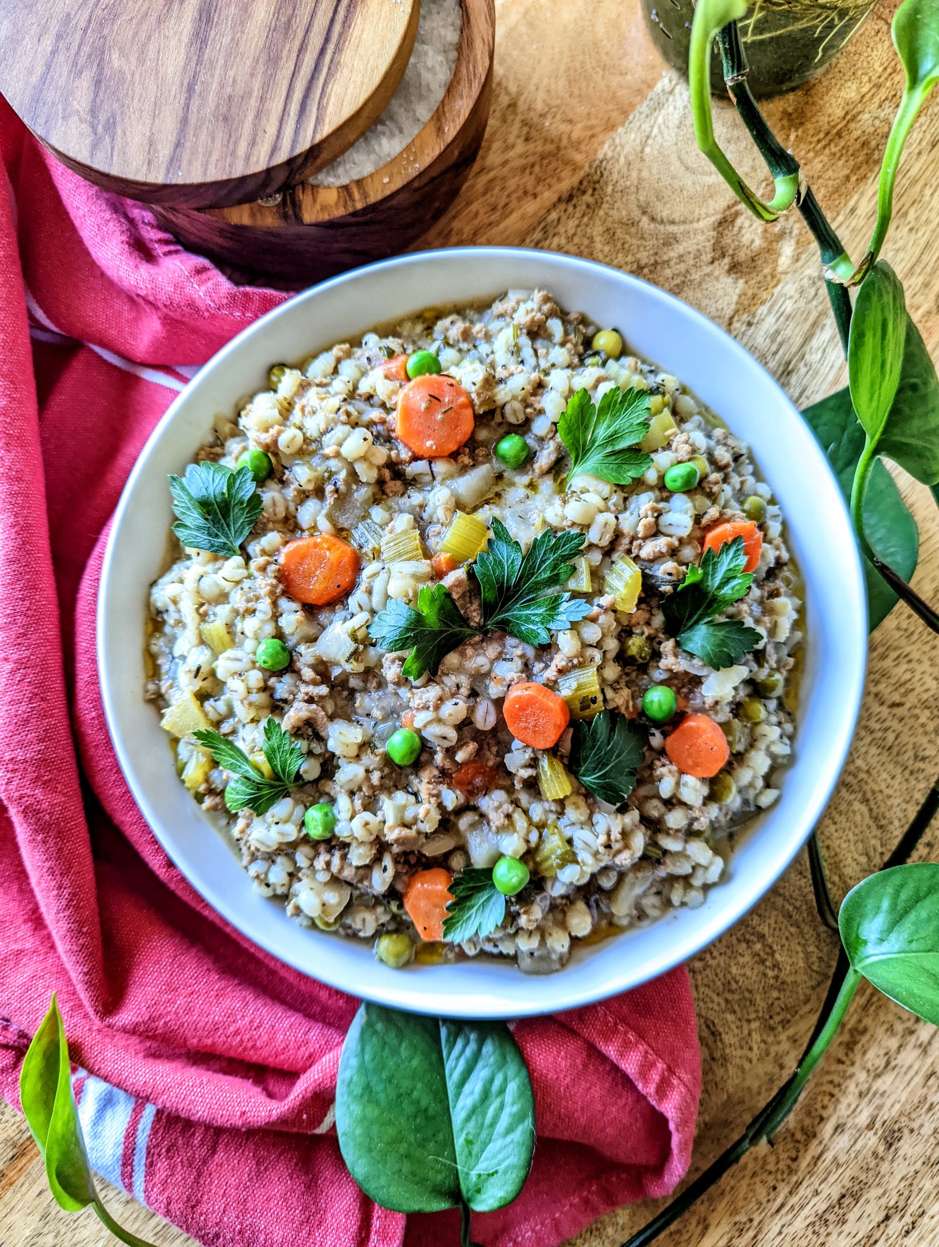 A bowl of turkey and barley soup full of orange carrots and green peas. A red kitchen towel is loosely wrapped around the shallow bowl and a string of greenery hangs to the right side.