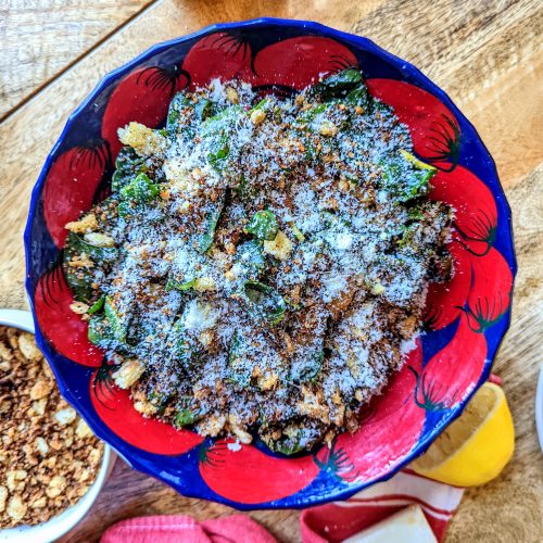 A red and blue salad bowl full of dark leafy greens, finely grated Pecorino, and golden-brown, toasted, homemade breadcrumbs.