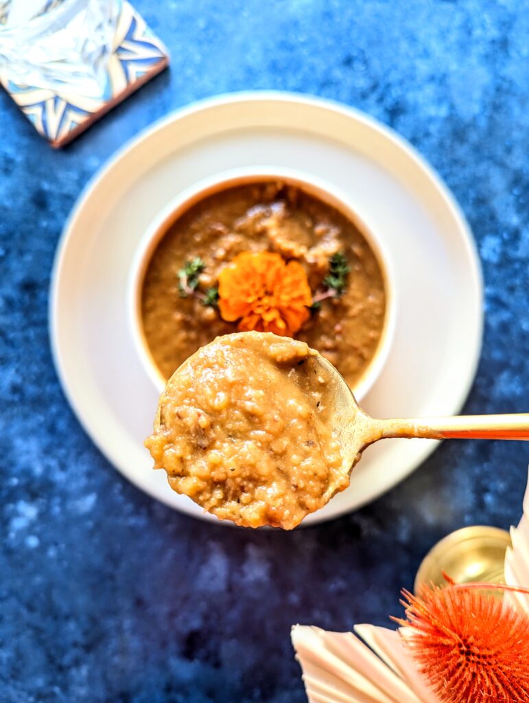 A spoonful of yellow split pea soup